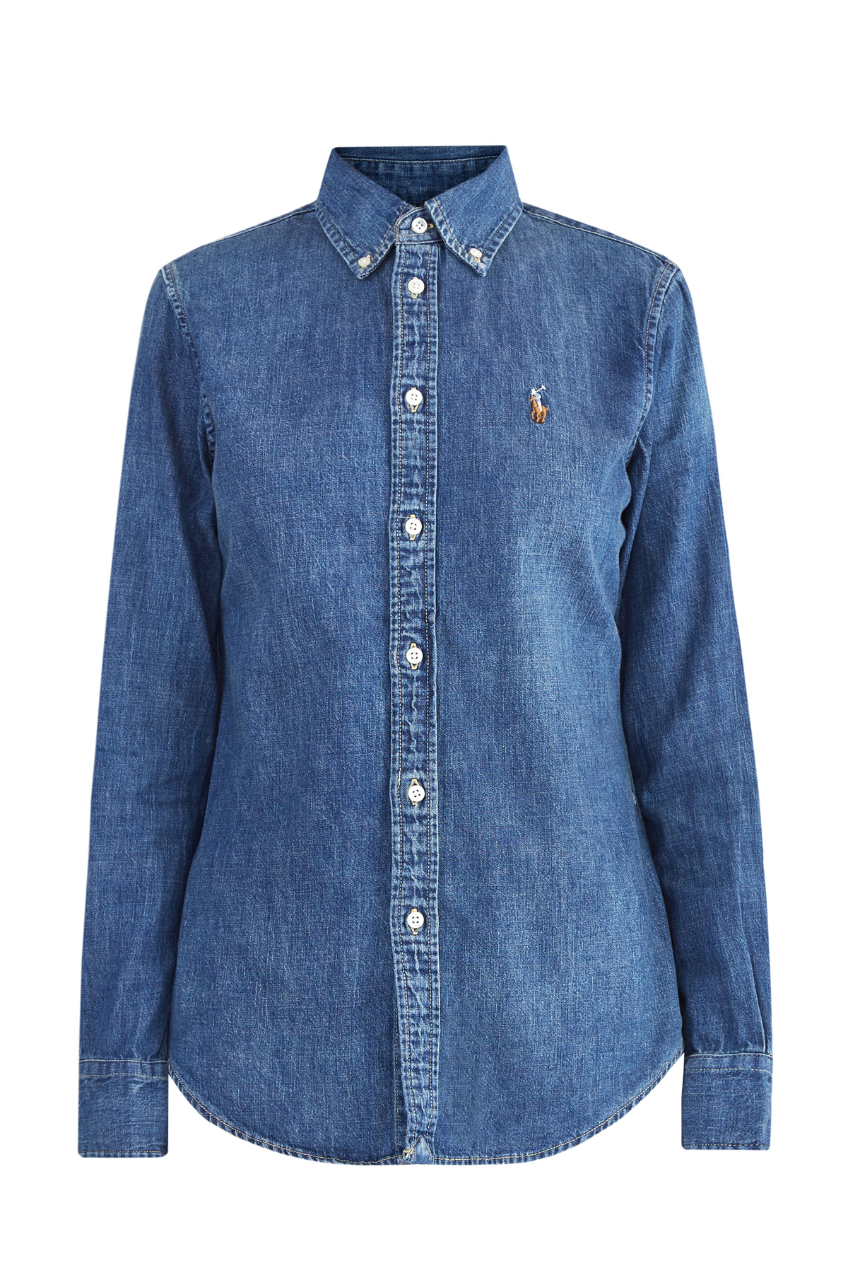 

Стильная рубашка из денима синего цвета с воротником button down, Синий